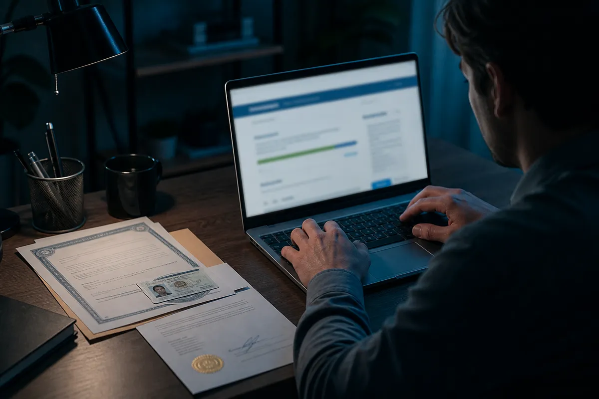 A person securely applying for a certified birth certificate online, surrounded by important documents.