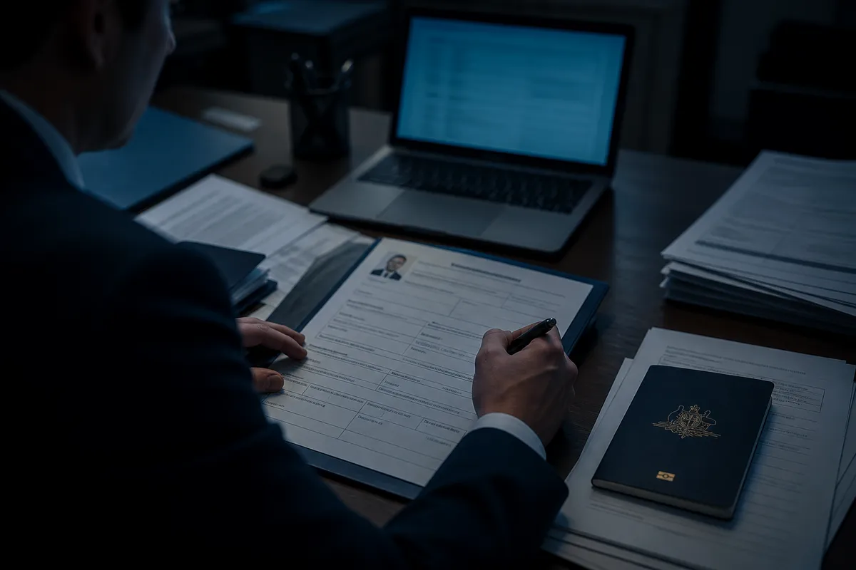 A person examines a diplomatic passport application in a dimly lit office, highlighting the process of obtaining such documents.