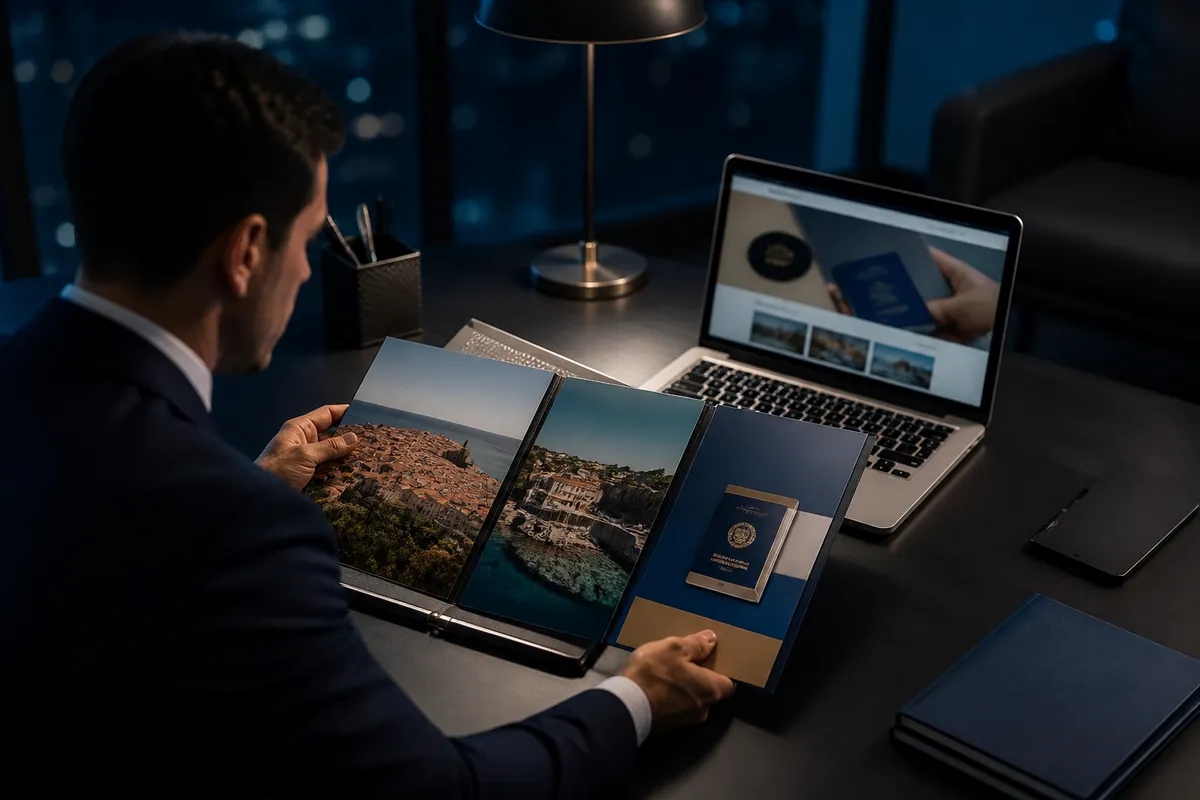 A businessman examining EU citizenship investment options at his modern office desk.