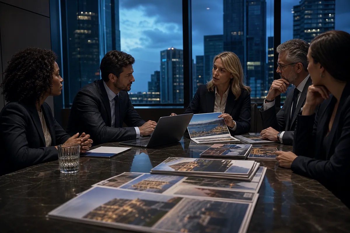 A business meeting in a modern office discussing investment options for European citizenship.