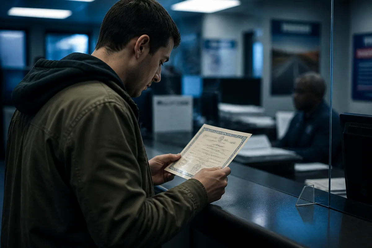 A person at the DMV scrutinizing a certified birth certificate in a serious setting.