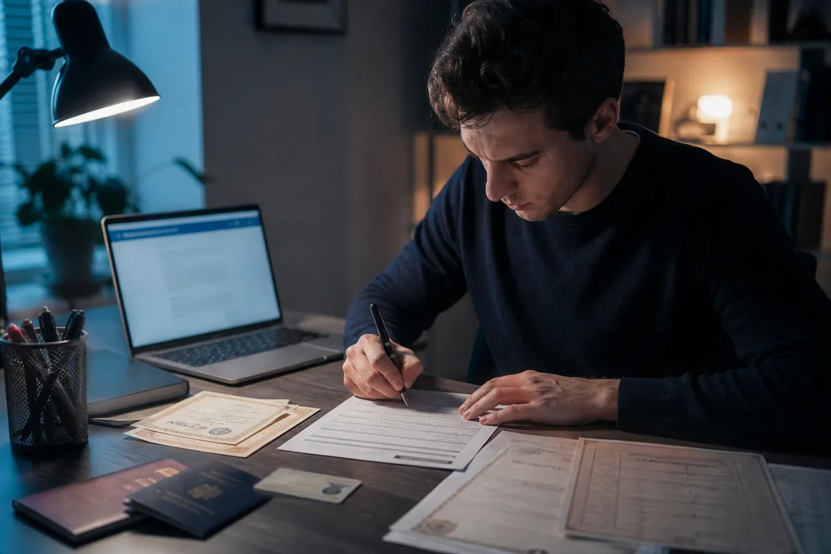 A person diligently completing a UK passport application form with supporting documents nearby, highlighting the importance of legitimate processes.