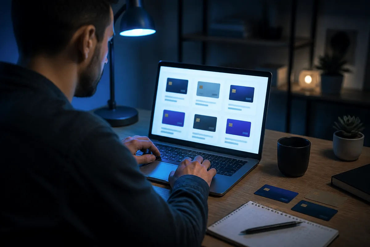 A person evaluating different Visa prepaid card options on their laptop at a stylish desk.