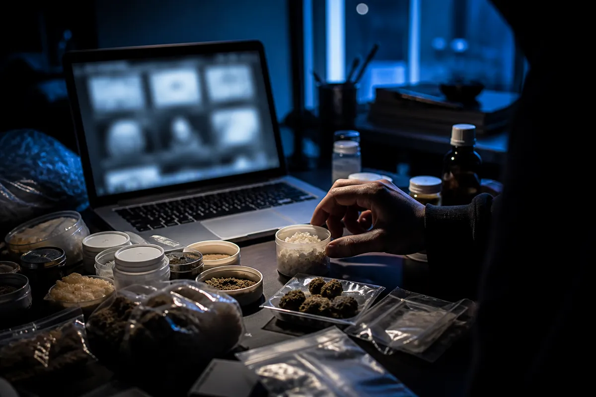 A cluttered table with controlled substances and a laptop, illustrating dark web drug risks.
