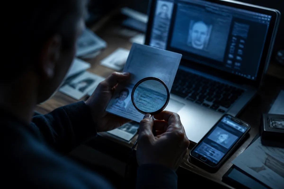 A person examining a suspicious document with a magnifying glass at a desk, highlighting the importance of document verification.
