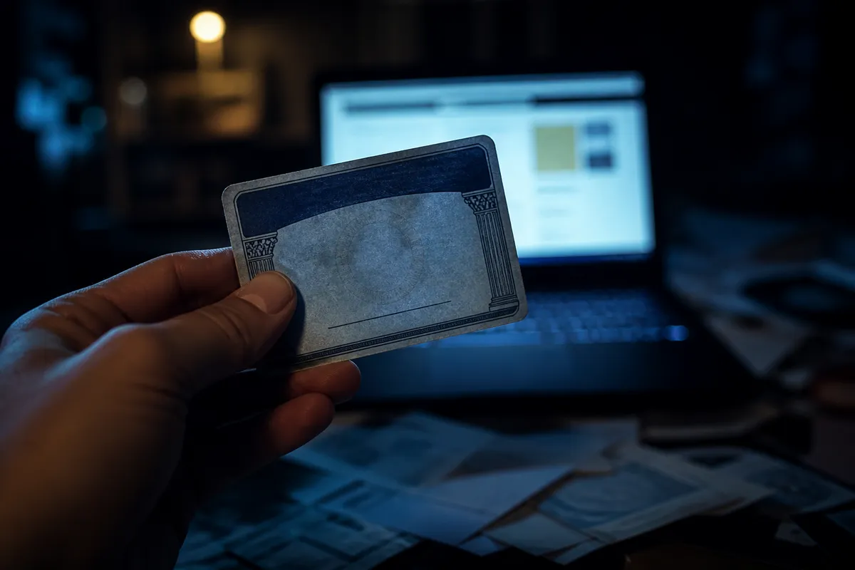 A hand holding a counterfeit Social Security card in a dimly lit room, highlighting the risks of illegal documents.