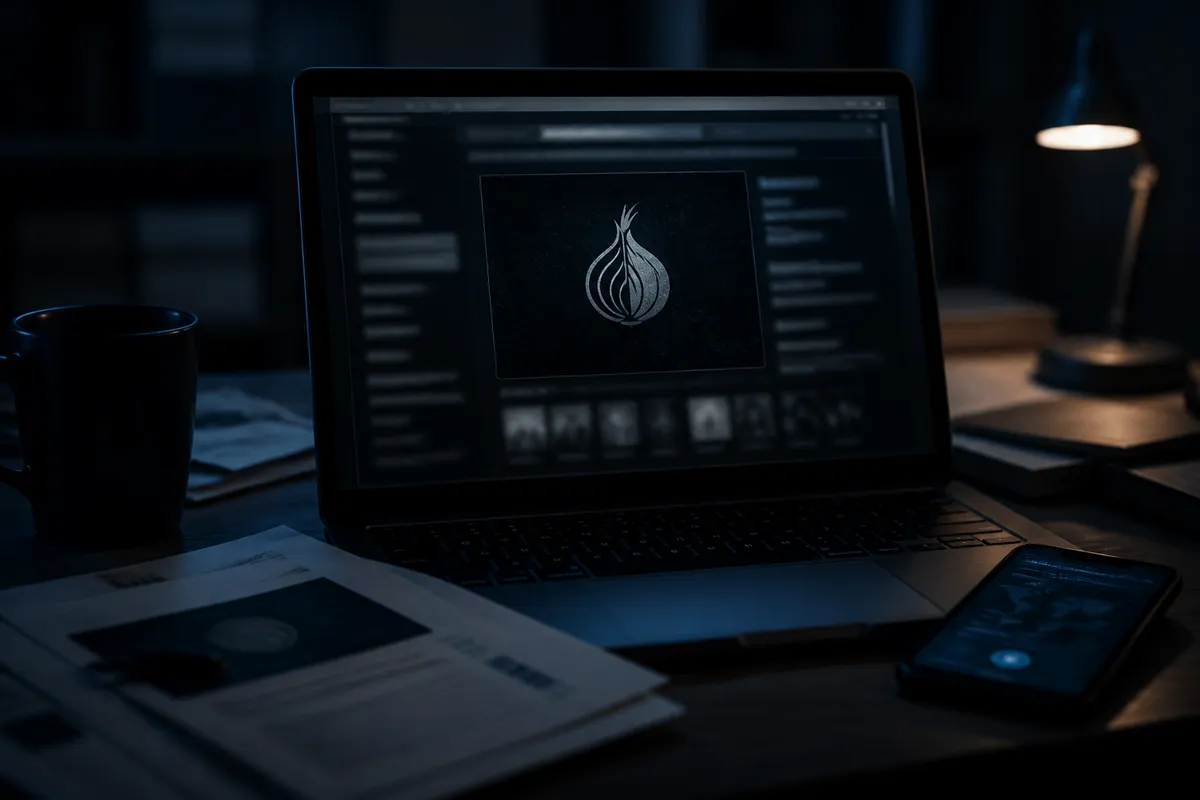A person using a laptop to navigate a Tor onion service in a dimly lit room.