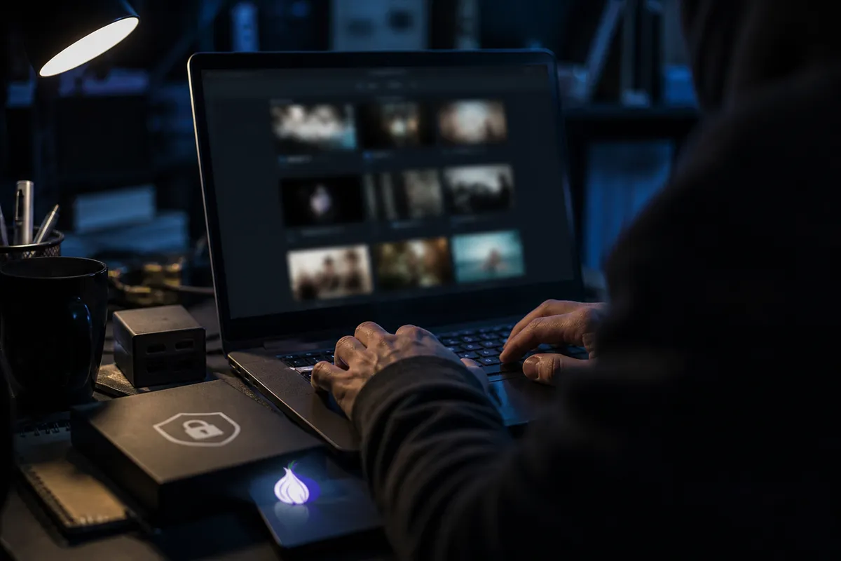 A person carefully analyzing dark web video sites on a laptop in a dimly lit room.