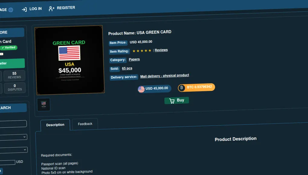 US green card listing priced at forty-five thousand dollars