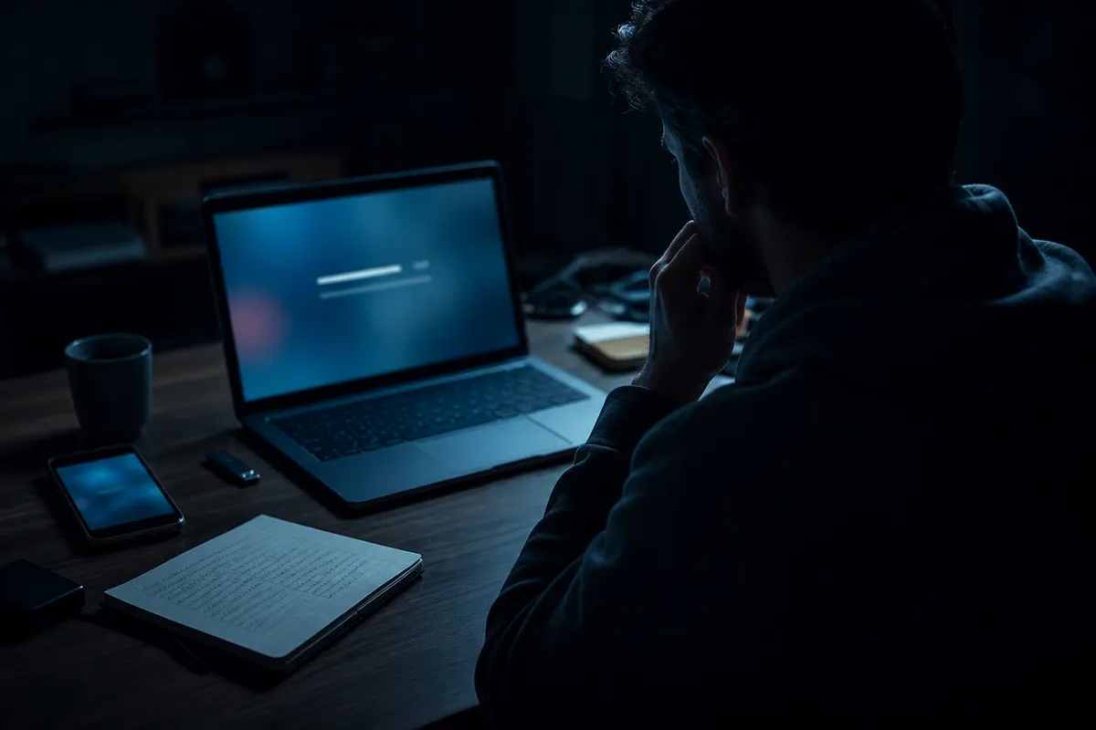 A person downloading Tor Browser on a laptop in a dimly lit room, surrounded by tech gadgets.